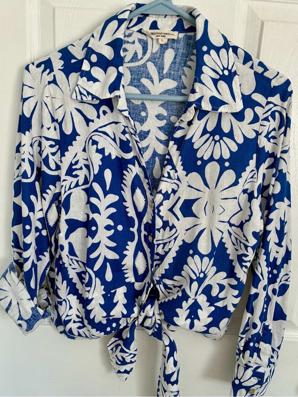 Christian Siriano Blue and White Tie-Front Button Down Shirt